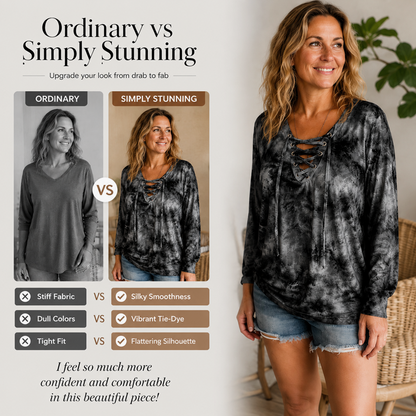 ☀️👚New Arrivals - V-Neck Tie-Dye Top with Lace-Up Detail – Soft Drape & Versatile Style for Any Casual Day
