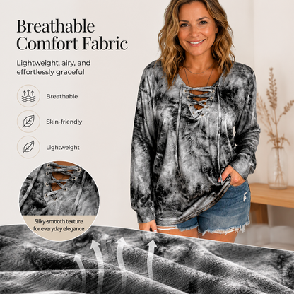 ☀️👚New Arrivals - V-Neck Tie-Dye Top with Lace-Up Detail – Soft Drape & Versatile Style for Any Casual Day