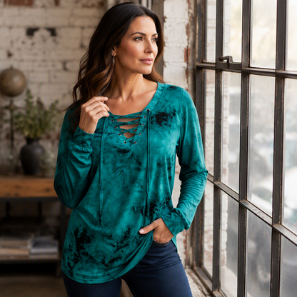 ☀️👚New Arrivals - V-Neck Tie-Dye Top with Lace-Up Detail – Soft Drape & Versatile Style for Any Casual Day