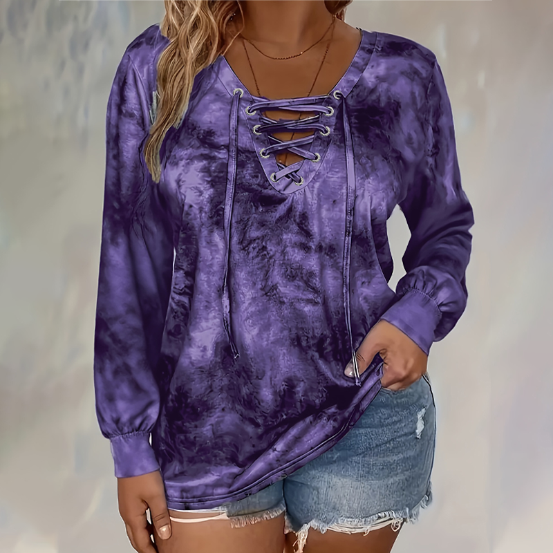 ☀️👚New Arrivals - V-Neck Tie-Dye Top with Lace-Up Detail – Soft Drape & Versatile Style for Any Casual Day