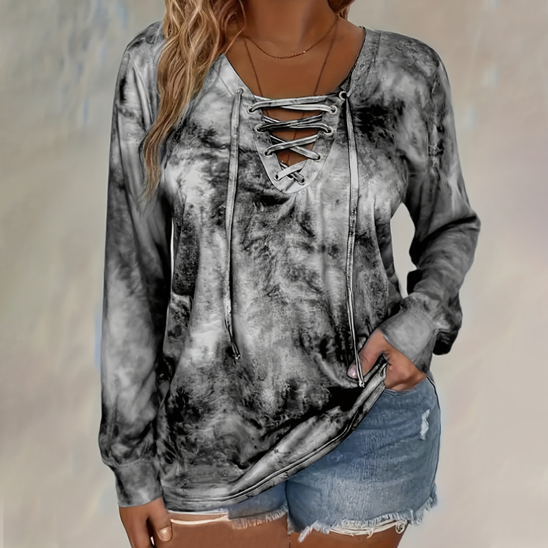 ☀️👚New Arrivals - V-Neck Tie-Dye Top with Lace-Up Detail – Soft Drape & Versatile Style for Any Casual Day
