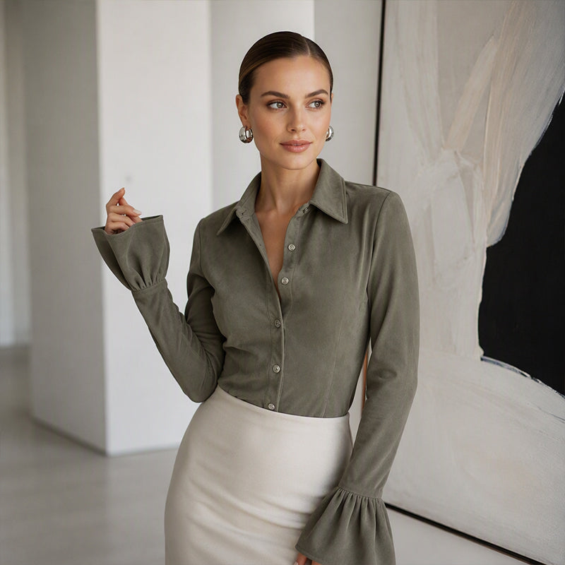 ☀️👚New Arrivals - Velvet Ruffle Cuff Top – Soft Drape & Polished Button-Front for Work or Weekend