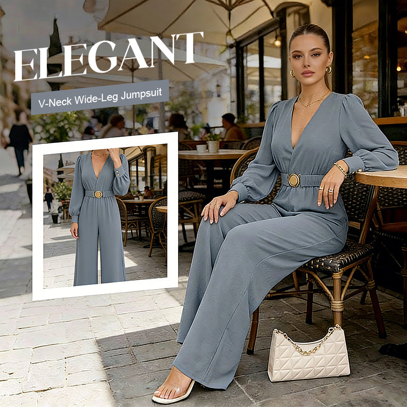 ⌛Limited-Time Discount-Elegant V-Neck Wide-Leg Jumpsuit with Belt