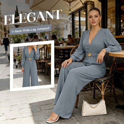 ⌛Limited-Time Discount-Elegant V-Neck Wide-Leg Jumpsuit with Belt