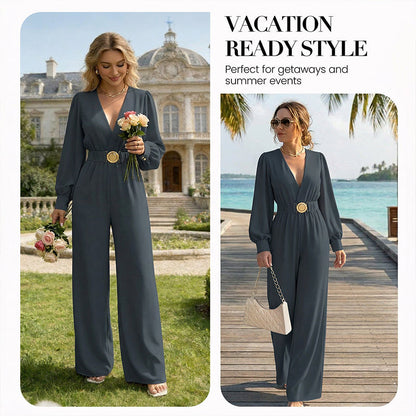 ⌛Limited-Time Discount-Elegant V-Neck Wide-Leg Jumpsuit with Belt