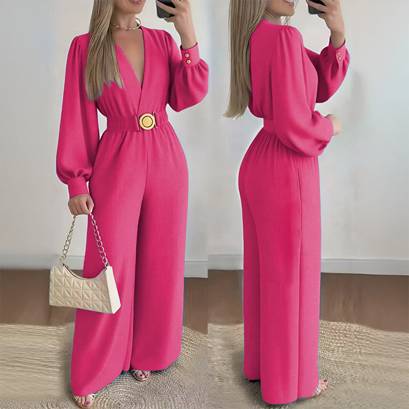 ⌛Limited-Time Discount-Elegant V-Neck Wide-Leg Jumpsuit with Belt