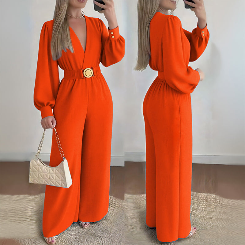 ⌛Limited-Time Discount-Elegant V-Neck Wide-Leg Jumpsuit with Belt