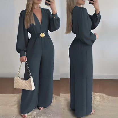 ⌛Limited-Time Discount-Elegant V-Neck Wide-Leg Jumpsuit with Belt
