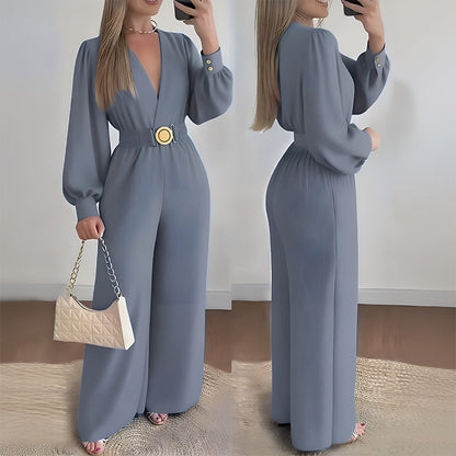 ⌛Limited-Time Discount-Elegant V-Neck Wide-Leg Jumpsuit with Belt