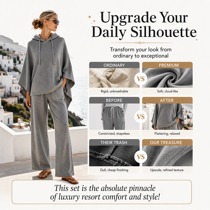 Women's Loose Hooded Cape Top & Wide-Leg Pants Set