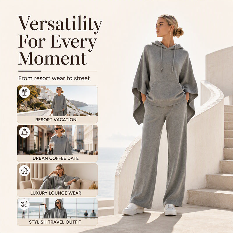 Women's Loose Hooded Cape Top & Wide-Leg Pants Set