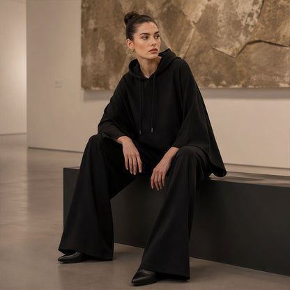 Women's Loose Hooded Cape Top & Wide-Leg Pants Set
