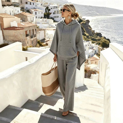 Women's Loose Hooded Cape Top & Wide-Leg Pants Set