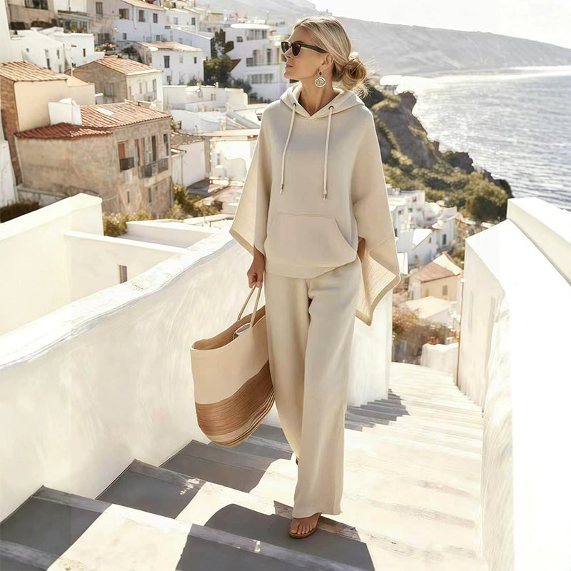 Women's Loose Hooded Cape Top & Wide-Leg Pants Set