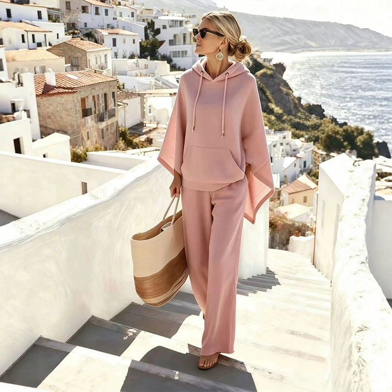 Women's Loose Hooded Cape Top & Wide-Leg Pants Set