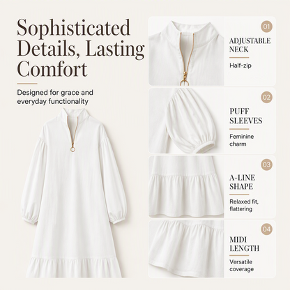 Women's Half-Zip Stand Collar Dress with Lantern Sleeves