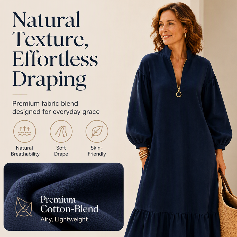 Women's Half-Zip Stand Collar Dress with Lantern Sleeves