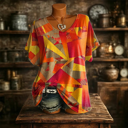 👚New Arrivals - Cooling Fabric V-Neck Top with Artistic Print – Wrinkle-Resistant & Soft Touch for All-Day Wear