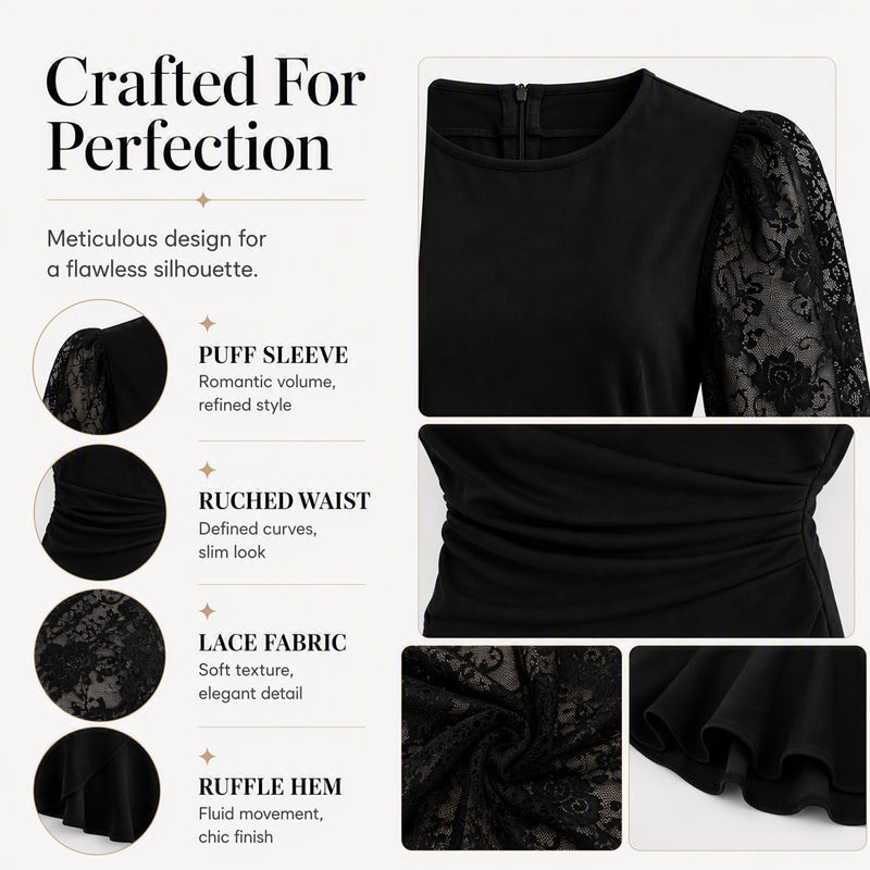 ⌛Limited-time offer-Women's Lace Puff Sleeve Ruched Bodycon Dress