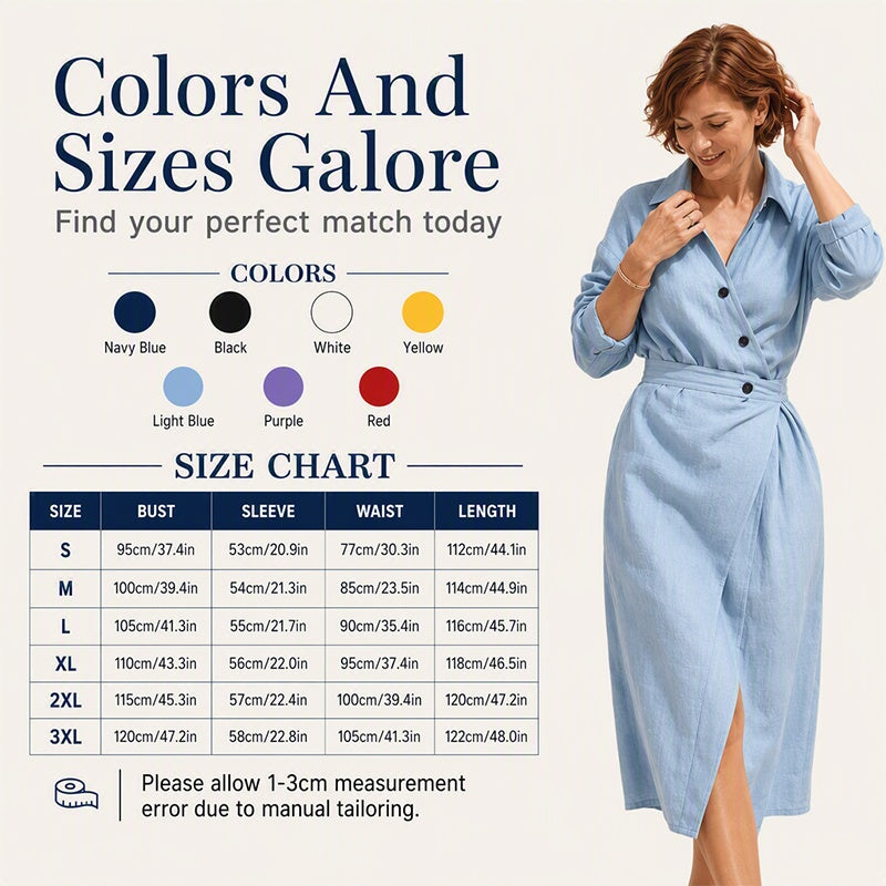 👗Women's Lapel Wrap Midi Shirt Dress with Pockets