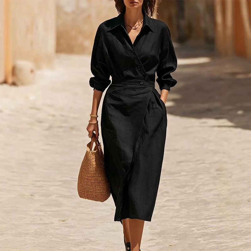 👗Women's Lapel Wrap Midi Shirt Dress with Pockets