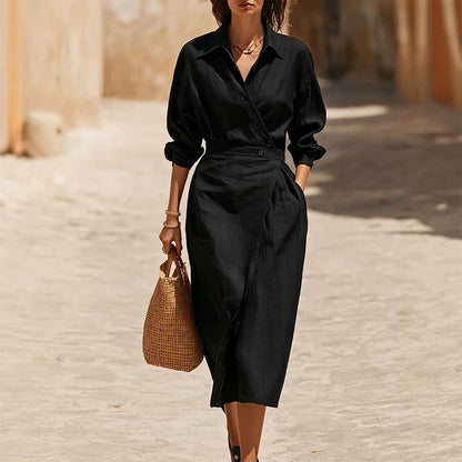 👗Women's Lapel Wrap Midi Shirt Dress with Pockets