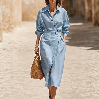 👗Women's Lapel Wrap Midi Shirt Dress with Pockets