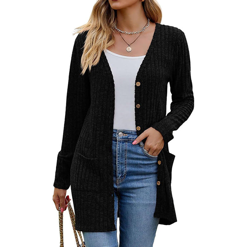 Mid-Length Knit Cardigan With Pockets