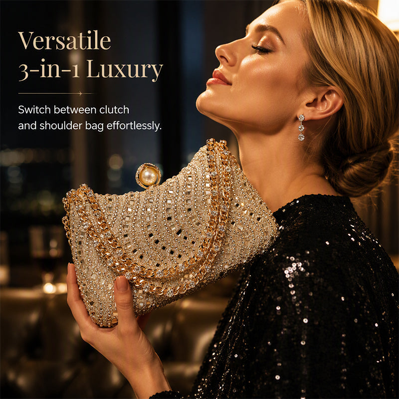 👛🤍 2026 Sale — Over 31,500 Sold! 💍Elegant Pearl Clasp Evening Clutch Bag – Rhinestone & 3-in-1 Luxury