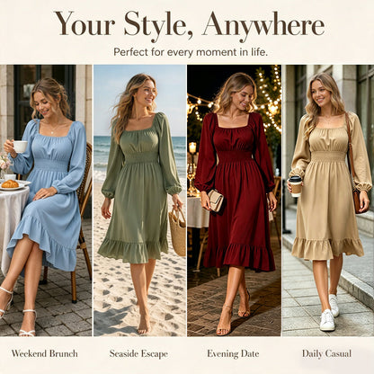 ⌛Limited-time offer-Women's Square Neck Smocked A-Line Dress