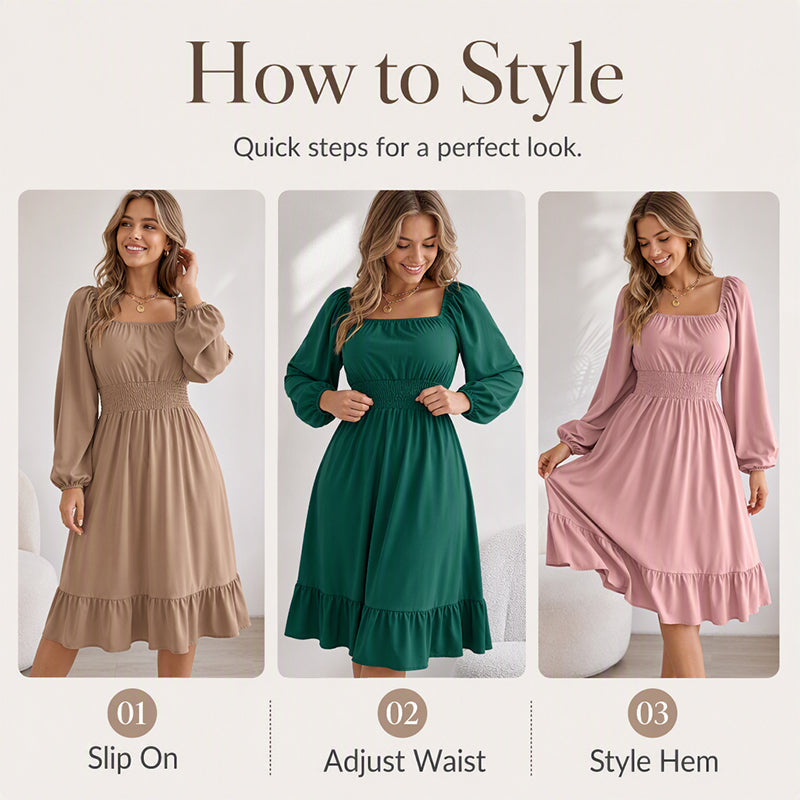 ⌛Limited-time offer-Women's Square Neck Smocked A-Line Dress
