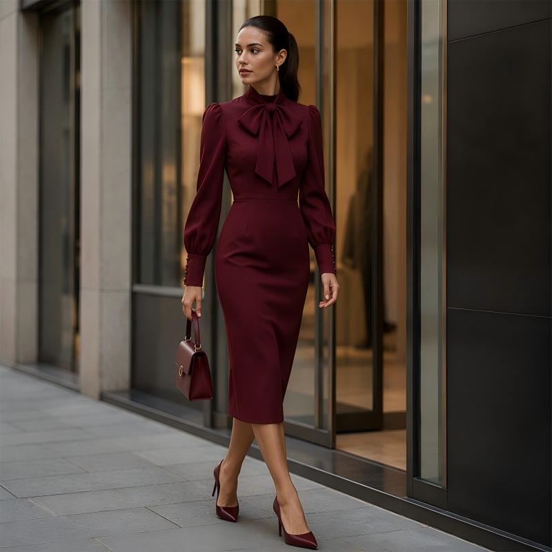 Women's Elegant Bow Tie Neck Pencil Dress