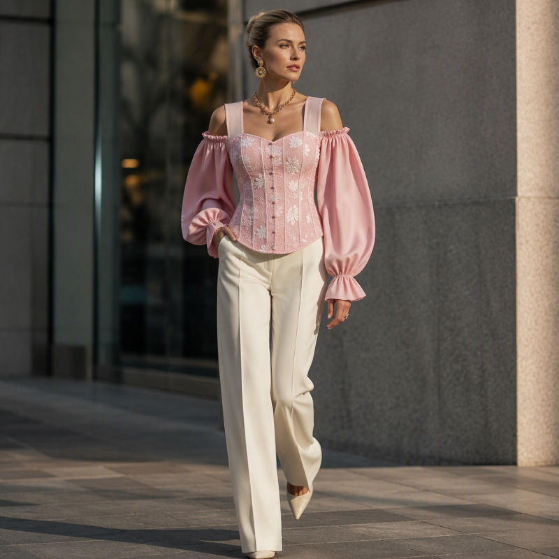 Women's Cold Shoulder Floral Jacquard Top