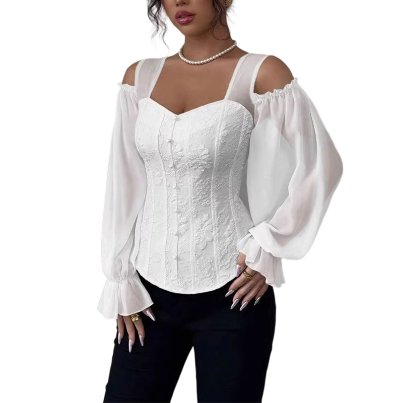 Women's Cold Shoulder Floral Jacquard Top