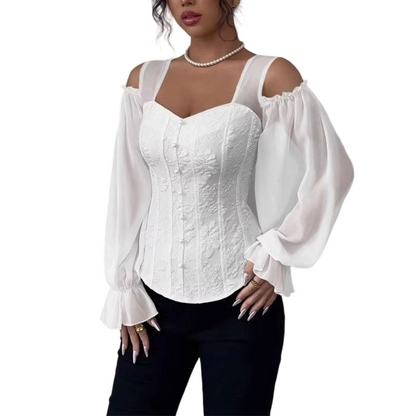 ✨ Women's Cold Shoulder Floral Jacquard Top – Elegant Corset Fit With Romantic Lantern Sleeves 🌸