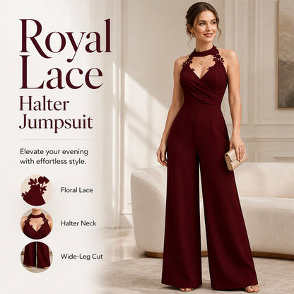 ⌛Limited-Time Offer-Women Elegant Halter Lace Pleated Wide Leg Jumpsuit