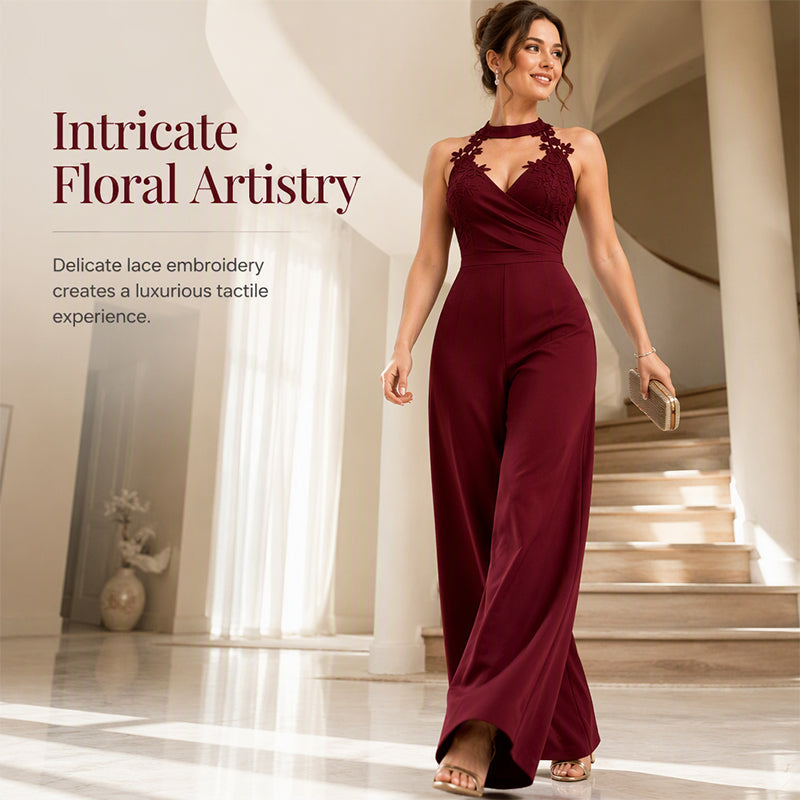 ⌛Limited-Time Offer-Women Elegant Halter Lace Pleated Wide Leg Jumpsuit