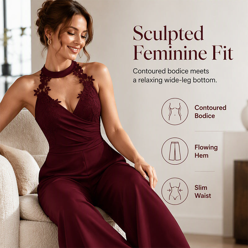 ⌛Limited-Time Offer-Women Elegant Halter Lace Pleated Wide Leg Jumpsuit