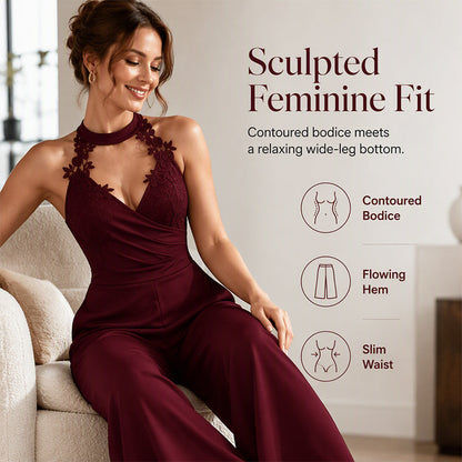 ⌛Limited-Time Offer-Women Elegant Halter Lace Pleated Wide Leg Jumpsuit