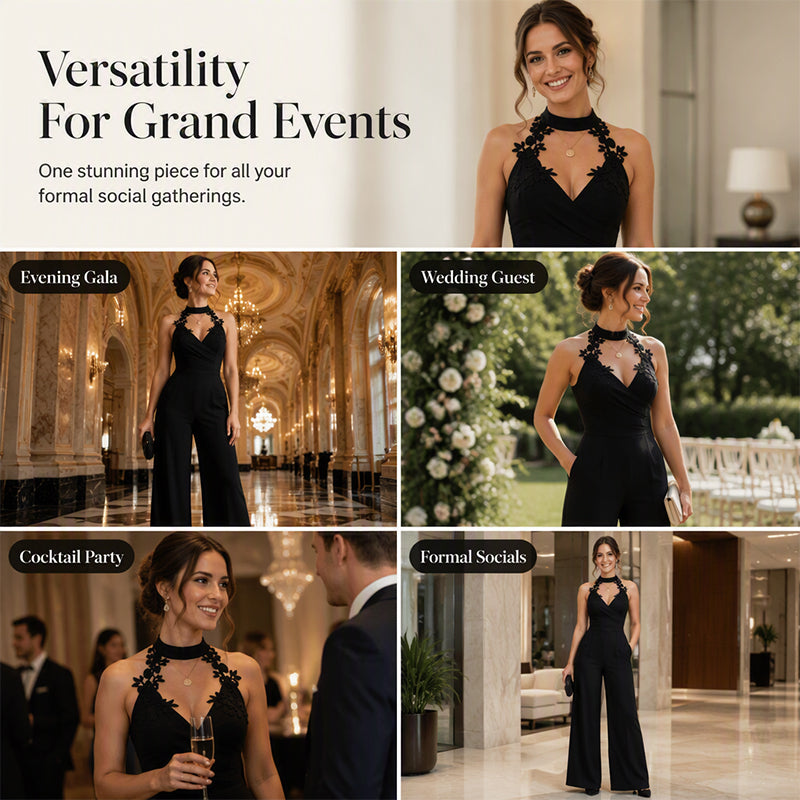⌛Limited-Time Offer-Women Elegant Halter Lace Pleated Wide Leg Jumpsuit