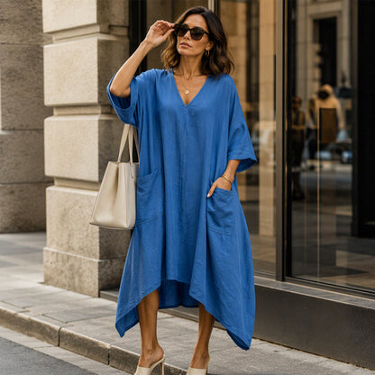 ⏰🍂Autumn Early Bird Sale-💖Women's Loose V-Neck Asymmetrical Dress