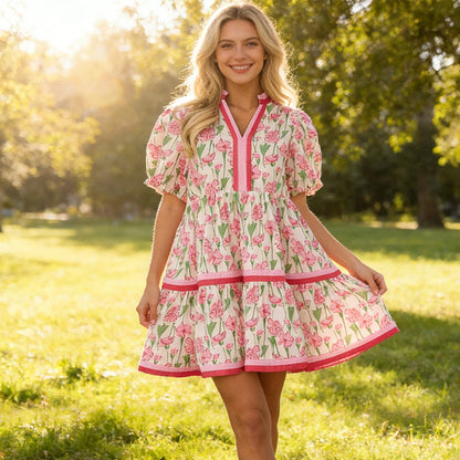 Women's Floral Puff-Sleeve Striped Mini Dress