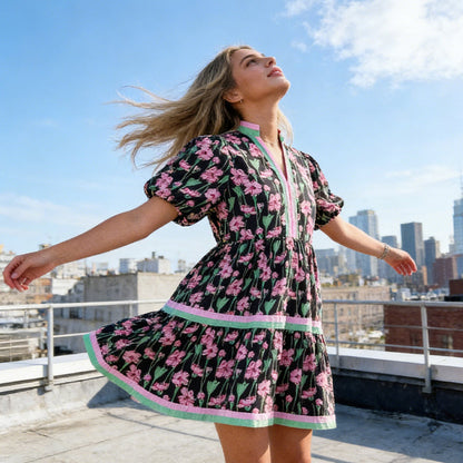 Women's Floral Puff-Sleeve Striped Mini Dress
