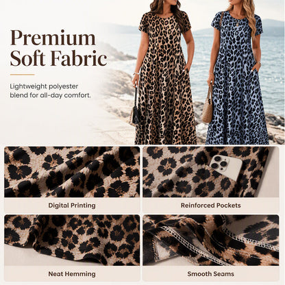 Women's Leopard Print Maxi Dress with Pockets Casual Short Sleeve Long Dress