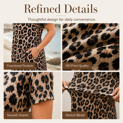 Women's Leopard Print Maxi Dress with Pockets Casual Short Sleeve Long Dress