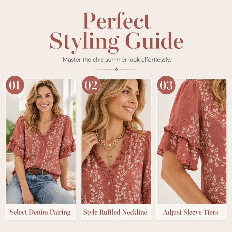 Women's Vintage Floral Top with Ruffled V-Neckline