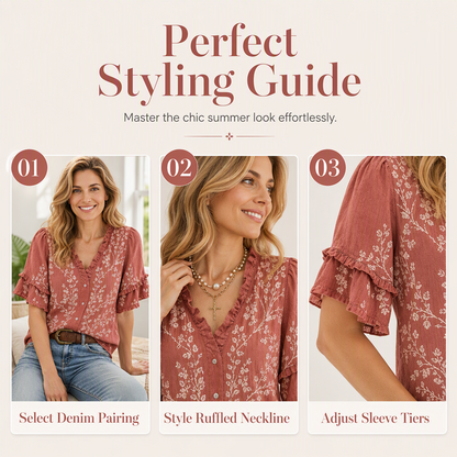 Women's Vintage Floral Top with Ruffled V-Neckline