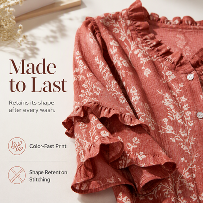 Women's Vintage Floral Top with Ruffled V-Neckline