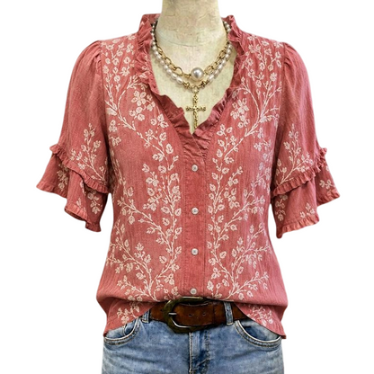 Women's Vintage Floral Top with Ruffled V-Neckline