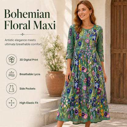 ⏰🍂Autumn Early Bird Sale-Women's Floral Print 3/4 Sleeve Midi Dress with Pockets